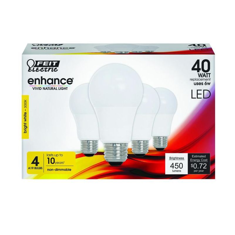 Feit Electric Enhance A19 E26 (Medium) LED Bulb Bright White 40 Watt Equivalence 4 pk, 1 of 2