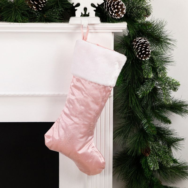 Northlight 20" Light Pink Glittered Snowflake Christmas Stocking with White Faux Fur Cuff, 2 of 7