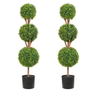 48" Artificial Boxwood Topiary Trees, 3-Ball Shape, Set of 2 with Planters & Replaceable Leaves - 1 of 4