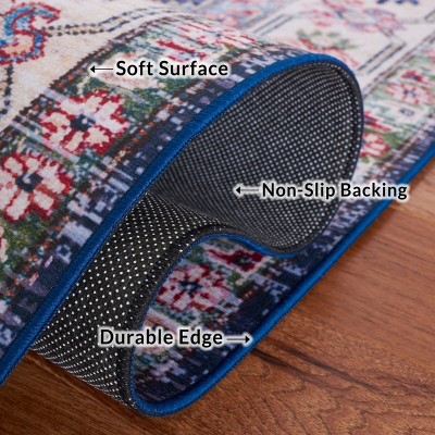 Navy and Beige 6' x 9' Synthetic Washable Area Rug