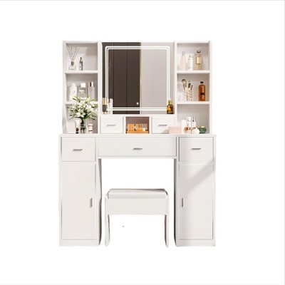 Large Vanity Desk with Mirror & Lights, 3 Color Modes, 2 USB Port ＆ 2 Socket, Dressing Table Set