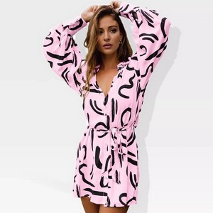 Womens Long Sleeve Dress V Neck Collar Belted Button Down Shirt Dress Designer T Shirt Dresses Beach Cover Ups Robe Dress for Photography - 1 of 4