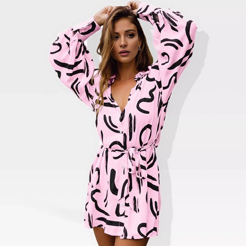 Womens Long Sleeve Dress V Neck Collar Belted Button Down Shirt Dress Designer T Shirt Dresses Beach Robe Dress For Photography light Rose L Target