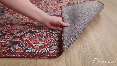 Manche Traditional Bright Red and Navy Synthetic Area Rug 3'6" x 5'6"