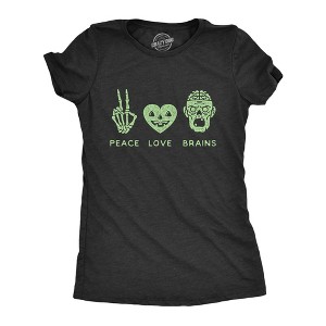 Womens Peace Love Brains T Shirt Funny Halloween Skeleton Zombie Graphic Tee - Crazy Dog Women's T Shirt - 1 of 4