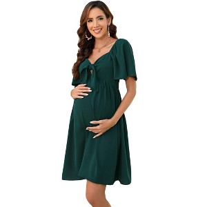 BLUEMING Maternity Dress Front Tie Knot Midi Dress Short Circle Sleeve Bow Tie Highwaist Shirred Back Dress for Pregnancy Women - 1 of 4