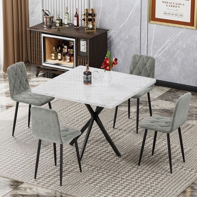 CAVINAS Dining Table Set for 4 Square Dining Table Set Modern Faux Marble Tabletop Iron Legs