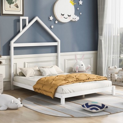 Full Size Wood Platform Bed With House-shaped Headboard, White ...