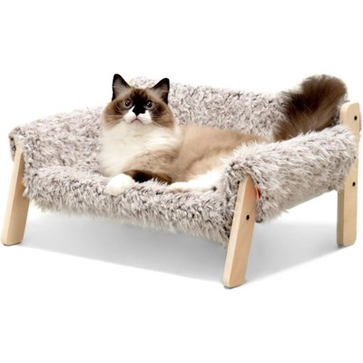 Mewoofun Pet Wooden Couch Bed Furniture Washable Beds with Plush for Cats & Litter Small Dogs, Plush Brown, 22"x10.6"x17.7"