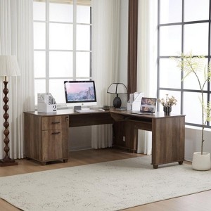 FCH Gray Particle Board L-shaped 74 * 180 * 168.5cm Two Draws Desktop Can Be Raised and Lowered with 2 Interfaces and 2 USB Sockets Computer Desk - 1 of 4