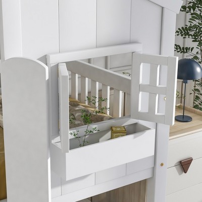 Close-up of the side guardrails and small planter/storage under the loft bed