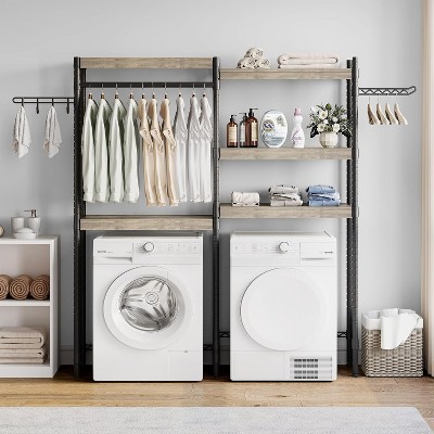 Over The Washer Dryer Storage Shelf - 3 Tier Metal Laundry Organizer With Clothes Hangers