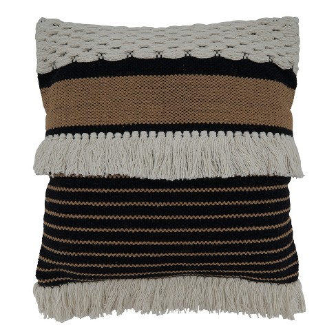 Black and White Outdoor Pillows, Striped Tassel, Beige | Hofdeco