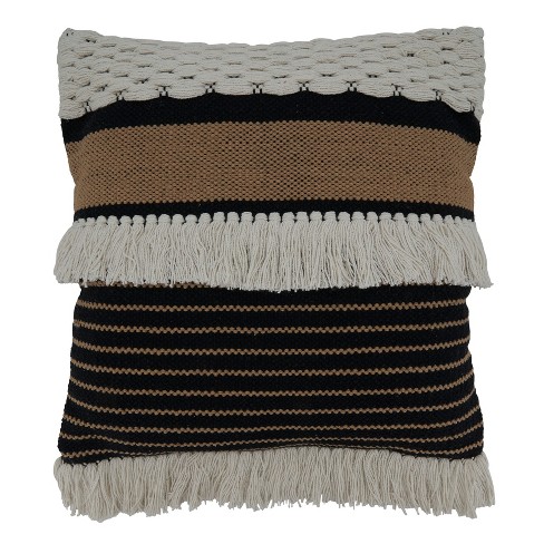 Black and white outdoor pillows, Striped Tassel, Beige