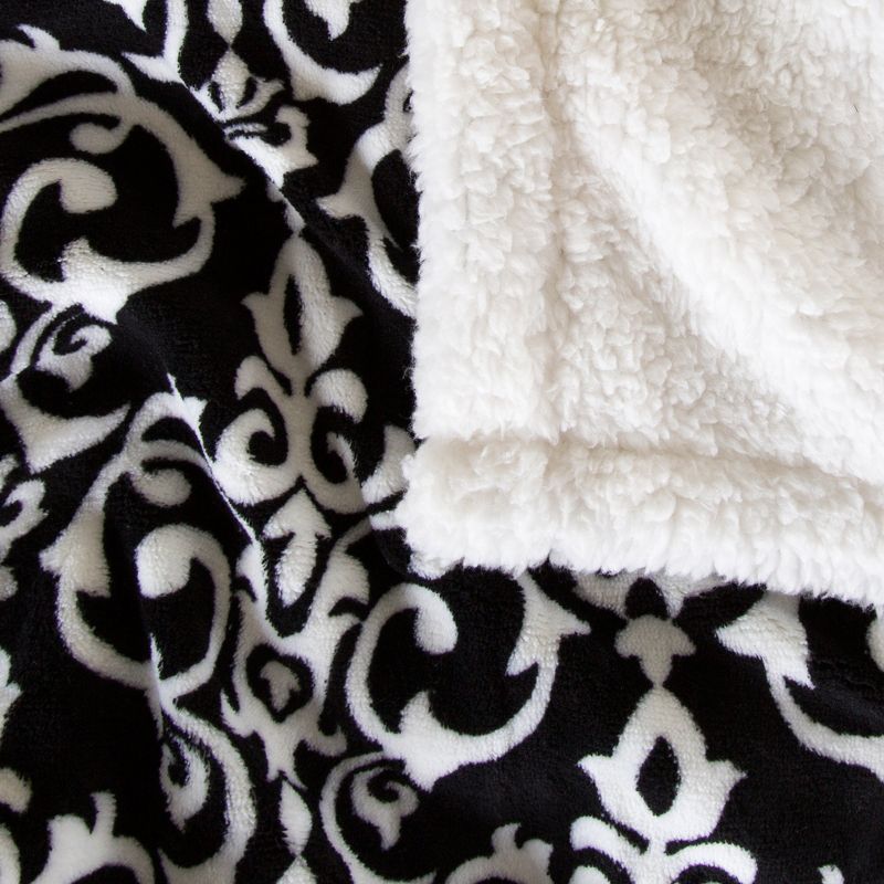 Hastings Home Fleece Faux Shearling Blanket Throw With Classic Damask Pattern - 50" x 60", Black/White, 3 of 6