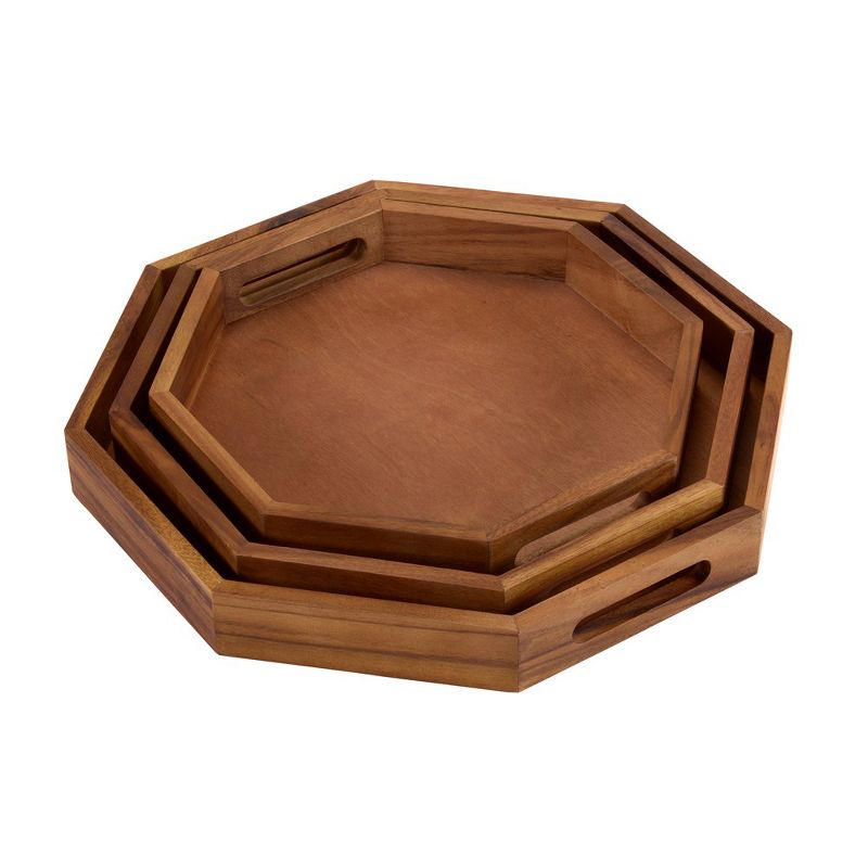 Kalmar Home Set of 3 Acacia Solid Octagon Serving Trays with Solid Bottom 13", 15", 17", 1 of 2