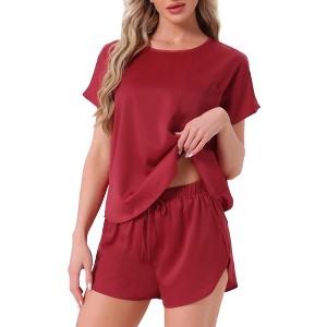 INSPIRE CHIC Women's Satin Silky Pajama Set Short Sleeve Round Neck Top Slit Shorts Sleepwear Set - 1 of 4