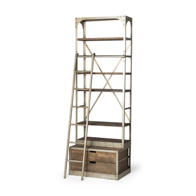 HomeRoots 32" Light Brown And Nickel Metal and Solid Wood Six Tier Library Bookcase with Two Drawers
