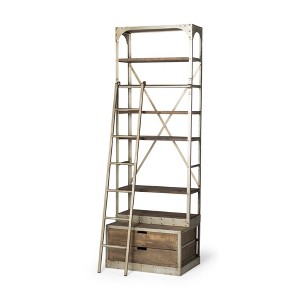 HomeRoots 32" Light Brown And Nickel Metal and Solid Wood Six Tier Library Bookcase with Two Drawers - 1 of 4