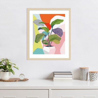 Vibrant Abstract Plant Print with Natural Wood Frame
