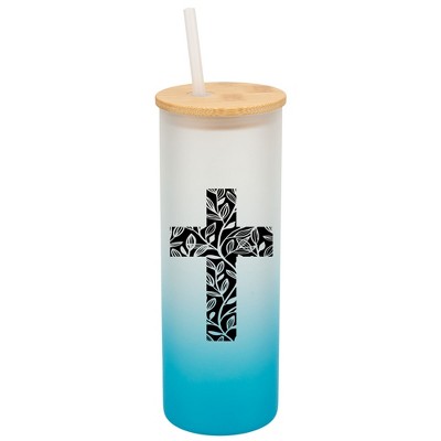 Elanze Designs Duo Floral Flower Faith Cross Wrap-Around Design 25 Ounce Frosted Gradient Glass On-The-Go Coffee Travel Skinny Tumbler Mug Cup, Bamboo