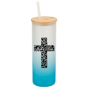 Elanze Designs Duo Floral Flower Faith Cross Wrap-Around Design 25 Ounce Frosted Gradient Glass On-The-Go Coffee Travel Skinny Tumbler Mug Cup, Bamboo - 1 of 1