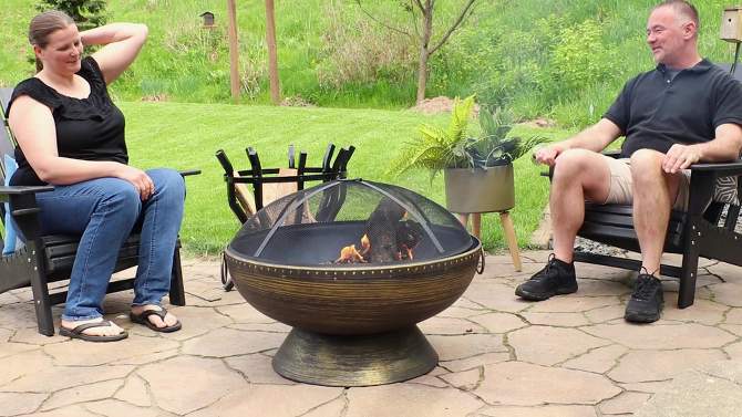 Sunnydaze Outdoor Camping or Backyard Large Fire Pit Bowl with Spark Screen, Log Poker, and Metal Wood Grate - 30" - Bronze, 2 of 15, play video
