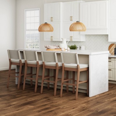 Linus Natural Flax Upholstered Bar Stools with Rubberwood Legs, Set of 4