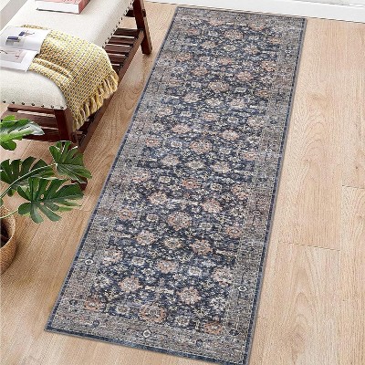 Washable Hallway Runner Rug, Ultra-Thin Non-Slip Low-Pile Vintage Indoor Carpet for Kitchen, Laundry, Bedside Accent