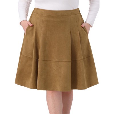 Women's Plus Size Faux Suede High Waisted Elastic Pleated Casual A Line Midi Skirt with Pockets - Agnes Orinda
