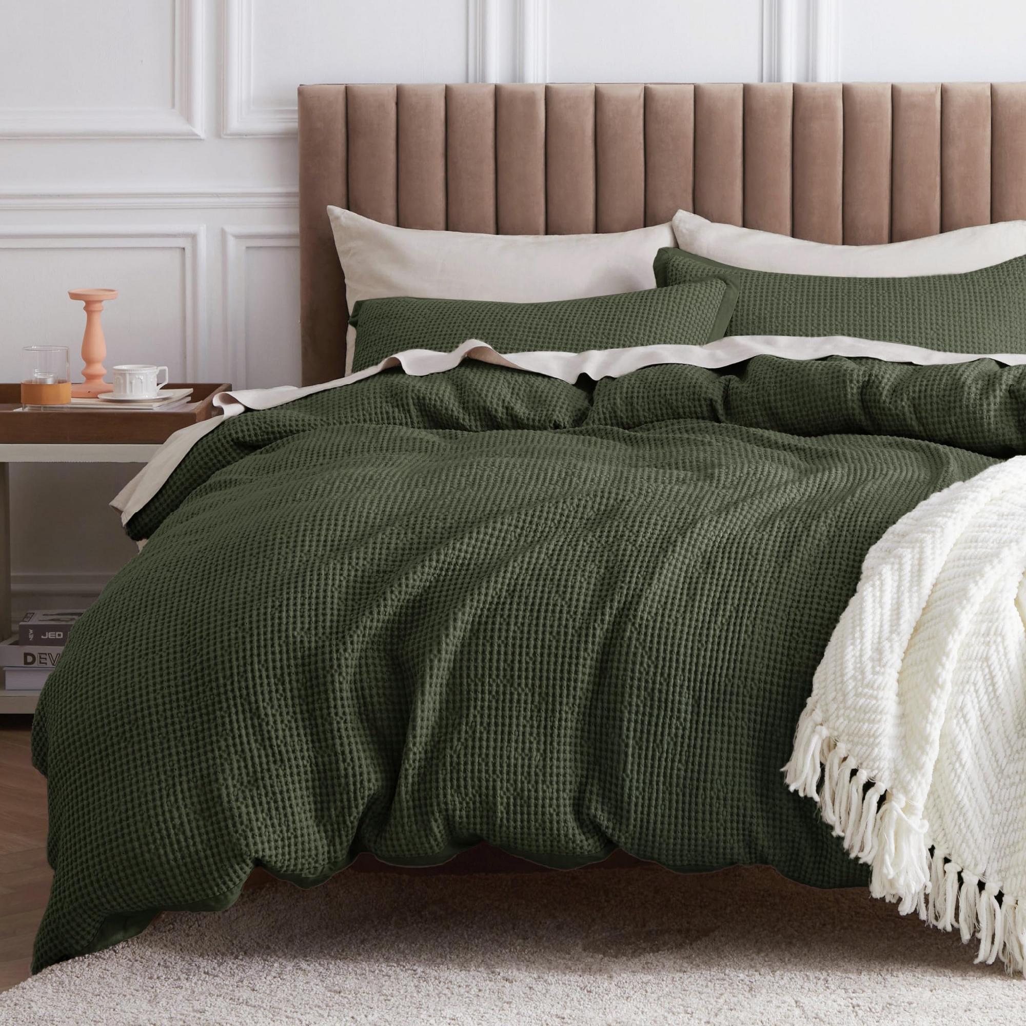 Bedsure Olive Green Queen 3Piece Cotton Duvet Cover Set 100% Cotton Waffle Weave Breathable All Season OEKO TEX Certified Mother's Day Gift