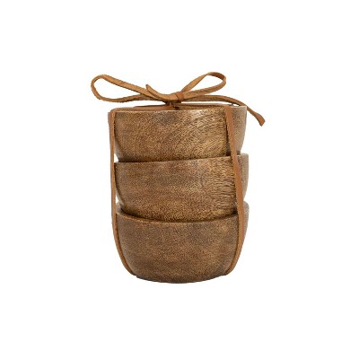 Set of 3 Wood Pinch Bowls with Leather Tie by Foreside Home & Garden
