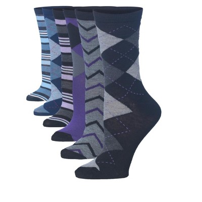 Tipi Toe Women's 6-Pairs Colorful Cosmic Argyle Zigzag Fusion Patterned Crew Dress Socks, Size Large