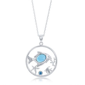 Caribbean Treasures Sterling Silver Larimar Fish w/ Starfish, Coral & Blue CZ 18" Pendant Necklace - Blue - 1 of 2