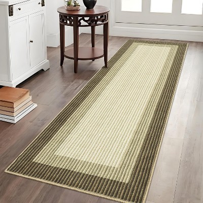 Machine Washable Runner Rug Modern Border Low Pile Non-Shedding Soft Gradient Faux Wool Print Entryway Bathroom