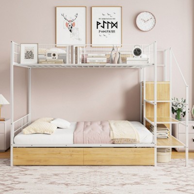 Twin Over Full Metal Bunk Bed with Drawer and Lateral Storage Ladder and Wardrobe, White
