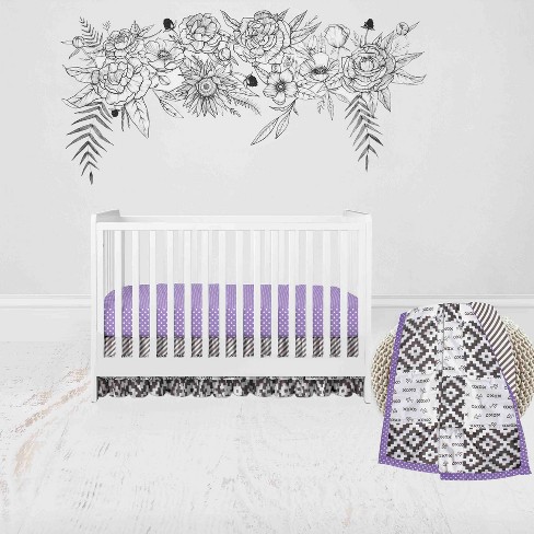 Bacati Love Aztec Design print Gray Lilac 3 Pc Crib Bedding Set