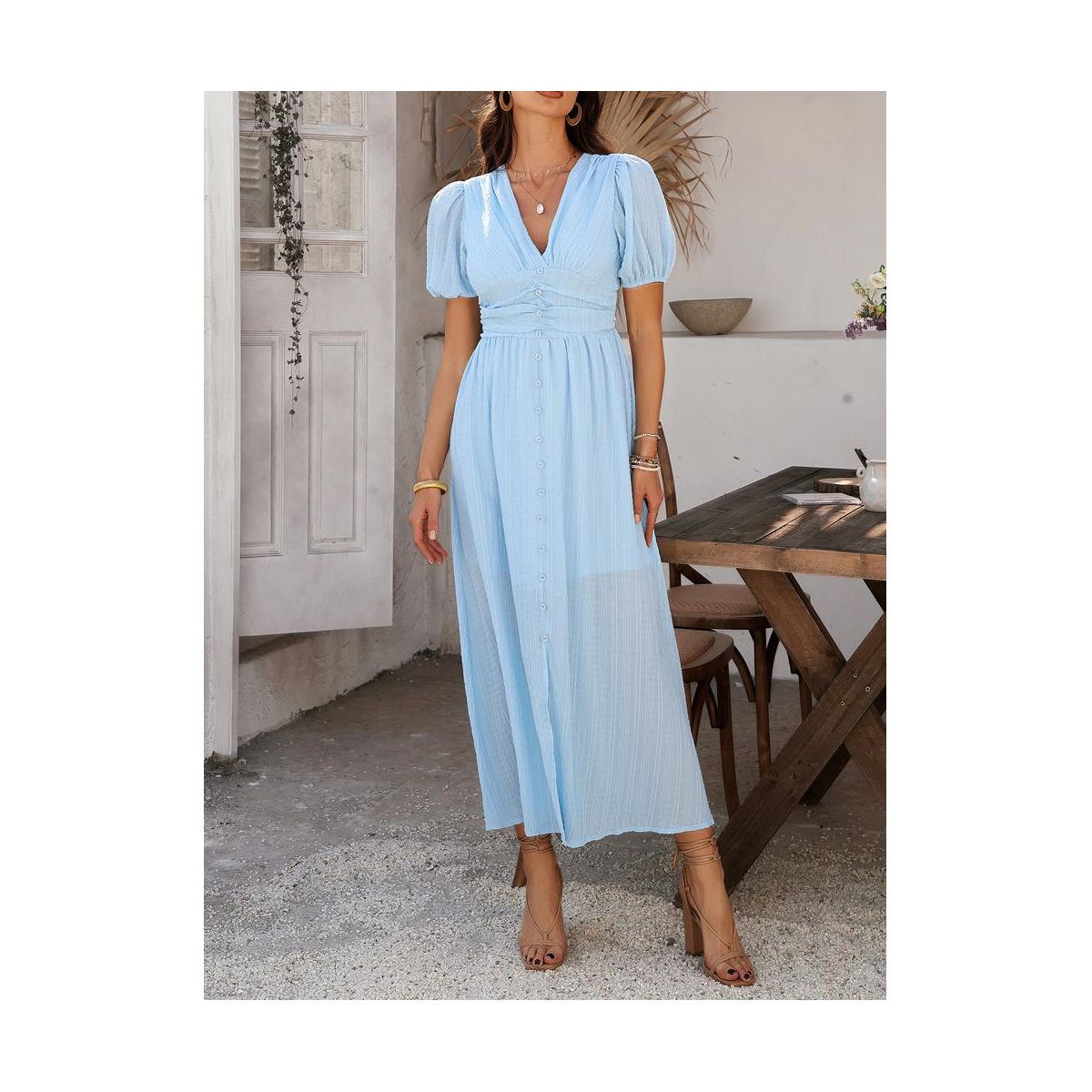 Garvee Women's V Neck Short Sleeve Midi Dress Ruched High Waist Button Front Smocked Back Lantern Sleeve Flowy A-Line Sun Dresses - thumbnail 7