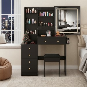 FONTOI 29.2"W/37"W/41"W Makeup Vanity Table Desk with Mirror Left Bedside Cabinet Stool Dresser Set for Woman Bedroom Dressing Room, Black/White - 1 of 4