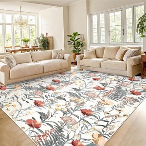 Washable Modern Floral Rug Non Slip Low Pile Rug Soft Throw Floor Cover Foldable Indoor Carpet for Living Room Bedroom Playroom Nursery - 1 of 4