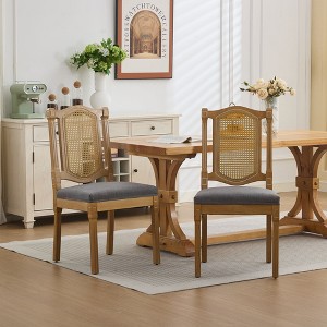 Full Solid Wood Rattan-Back Dining Chair Set of 2, Upholstered Matte Linen Cushion, Rustic Natural Dining Room and Café Chair-- Frevyn - 1 of 4