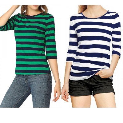 Allegra K Women's Elbow Sleeves Round Neck Slim Fit T-Shirt 2 Packs