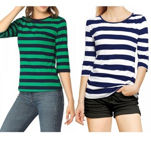 Allegra K Women's Elbow Sleeves Round Neck Slim Fit T-Shirt 2 Packs - 1 of 4