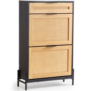 VEVOR Rattan Shoe Cabinet, with 2 Flip Rattan Drawers & 1 Slide Drawer, Metal Legs, Slim Shoe Entryway Cabinet for Entryway, Closet, Hallway, Black - 1 of 4
