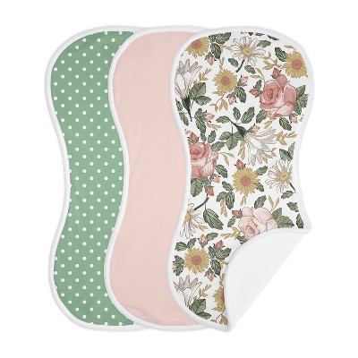 Image of Sweet Jojo Designs Girl Baby Burp Cloths Vintage Floral Pink Green and Yellow 3pc