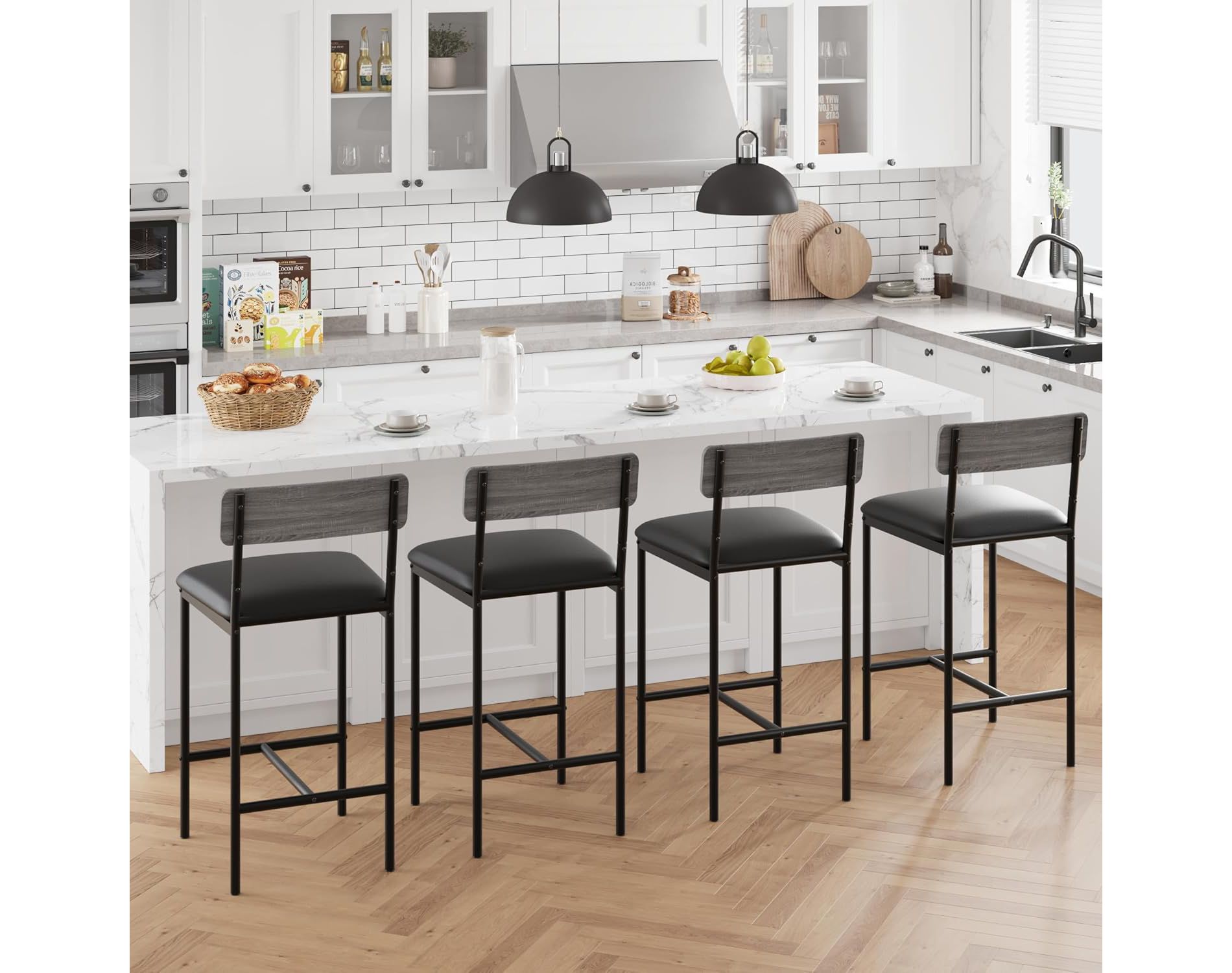 Bar Table Set, Upholstered Counter Stools 3 Tier Storage Shelves Steel, 300LB Capacity, for Apartments, Small Kitchens, Breakfast Nooks, Space Saving