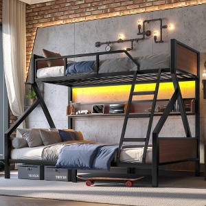 JUJABU Twin XL over Queen Metal Bunk Bed with Storage Shelves, Lights, Space-Saving & Noise-Free - Black - 1 of 4