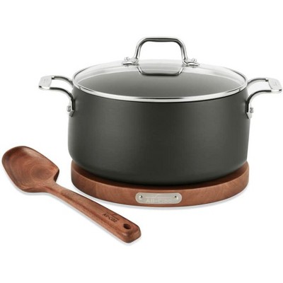 All-Clad HA1 Hard Anodized Nonstick Sauteuse Pan with Acacia Trivet and Spoon 4 Piece,4 Quart Induction Oven Broiler Safe 500F