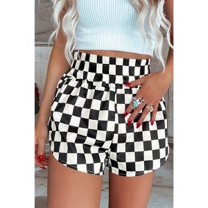Black Checkered Print High Waist Casual Shorts - 1 of 3