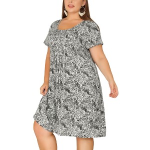 Agnes Orinda Women's Plus Size Floral Inverted Box Pleat Boho T-Shirt Dresses - 1 of 4